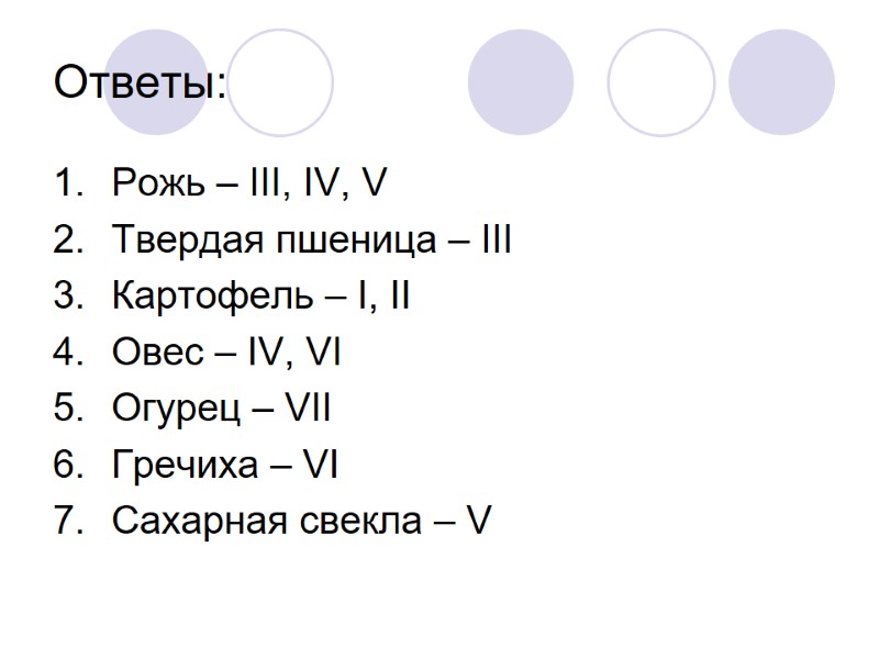 Ответы: Рожь – III, IV, V Твердая пшеница – III  Картофель – I,